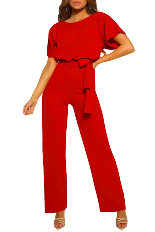 Fashion jumpsuit with wide long pants and short sleeves Nelia, red