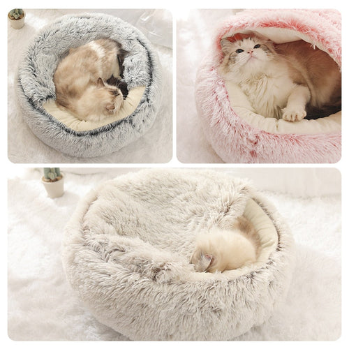 Pet Dog Cat Bed Round Plush Cat Warm Bed House Soft Long Plush Bed For