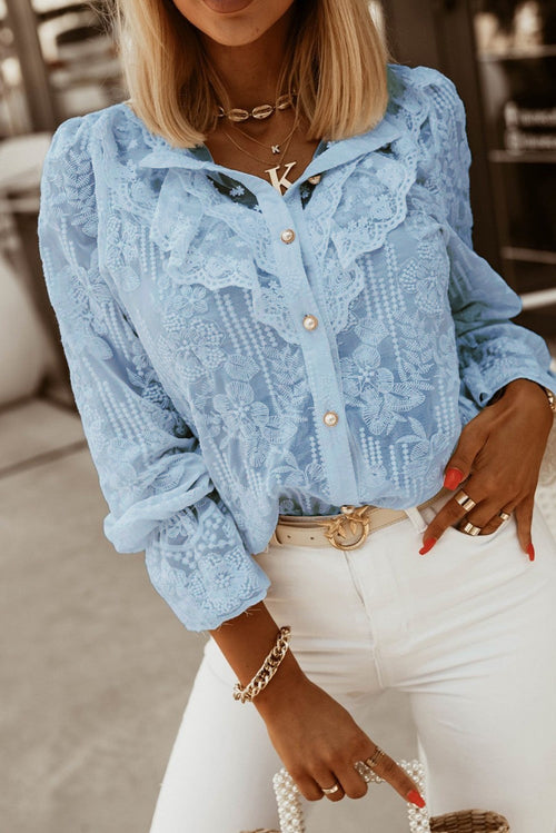 Elegant shirt with embroidery and frills Laroya, light blue