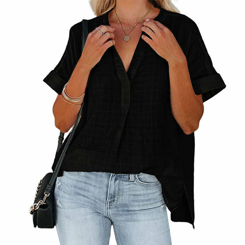 Women's V-Neck Short Sleeve Solid Color Thin Loose Check Shirt