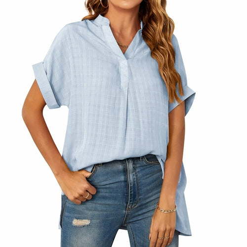 Women's V-Neck Short Sleeve Solid Color Thin Loose Check Shirt