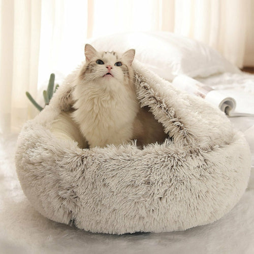 Pet Dog Cat Bed Round Plush Cat Warm Bed House Soft Long Plush Bed For