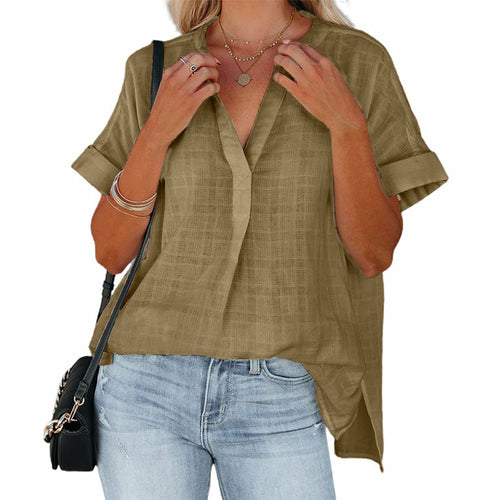 Women's V-Neck Short Sleeve Solid Color Thin Loose Check Shirt