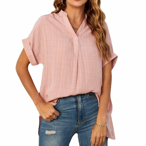 Women's V-Neck Short Sleeve Solid Color Thin Loose Check Shirt