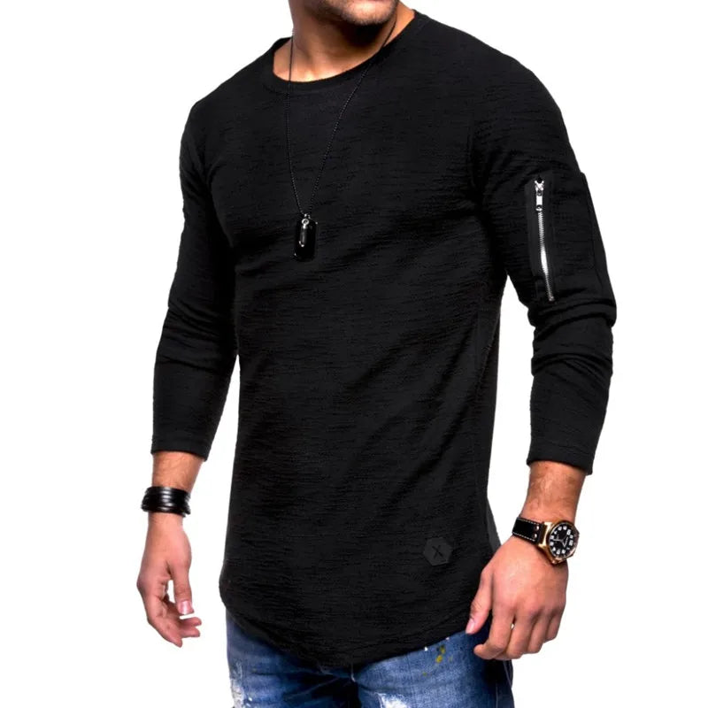 2022 New Tshirt Men's Spring Autumn T Shirt Men Long Sleeved Cotton Causal Bodybuilding Folding O Neck Tshirt Tops Tees Men