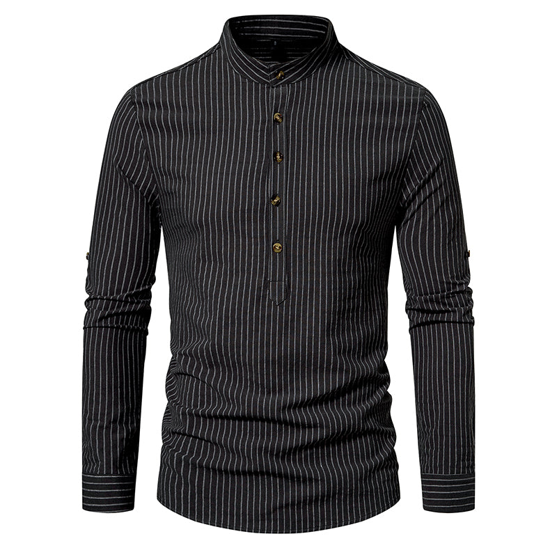 Fashion Loose Casual Henley Shirt Cotton Linen Shirt Men's Beach plus Size Long Sleeve Tooling Breasted Stand Collar Striped Shirt