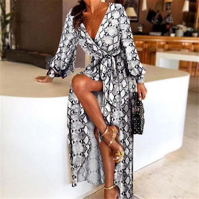 Deep V Neck Print Party Dress Formal Long Dress Sexy Clubwea