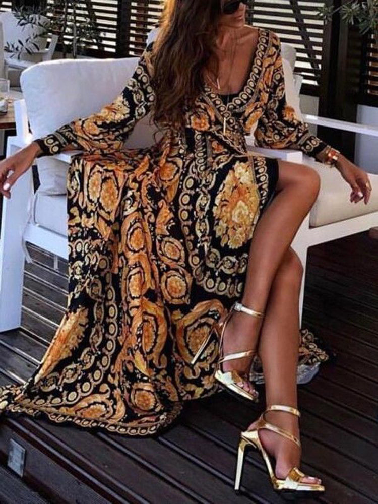 Deep V Neck Print Party Dress Formal Long Dress Sexy Clubwea