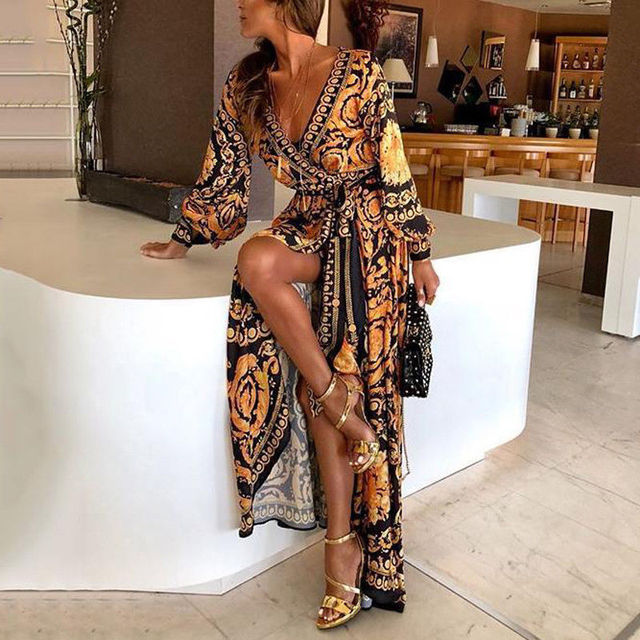 Deep V Neck Print Party Dress Formal Long Dress Sexy Clubwea