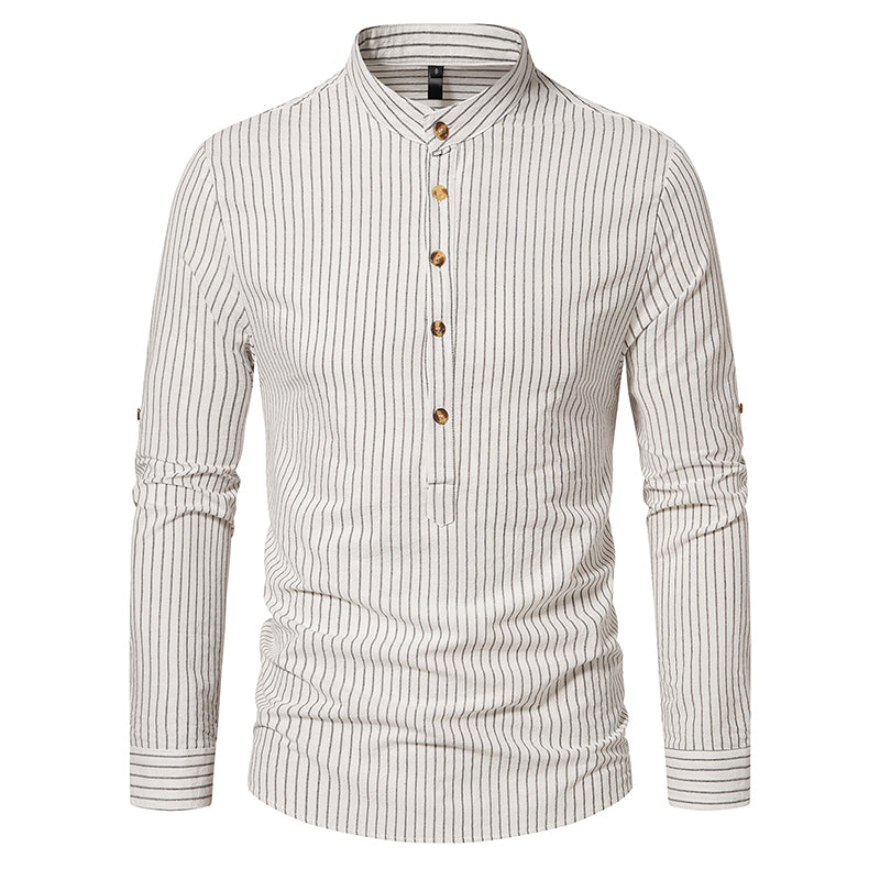 Fashion Loose Casual Henley Shirt Cotton Linen Shirt Men's Beach plus Size Long Sleeve Tooling Breasted Stand Collar Striped Shirt