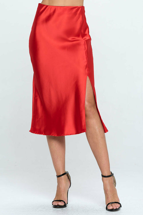 Solid Satin Midi Skirt with Slit