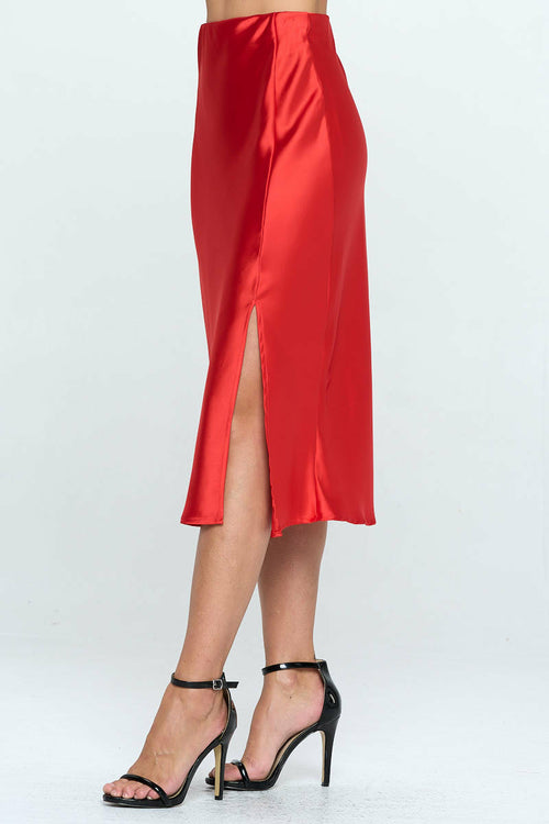 Solid Satin Midi Skirt with Slit