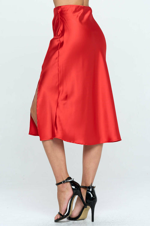 Solid Satin Midi Skirt with Slit