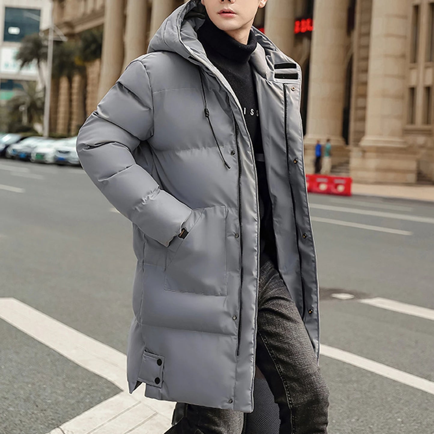 Men Cotton Coat With High Collar Mid length Men's Winter Jacket Men's Padding Hooded Down Coat Long Padding