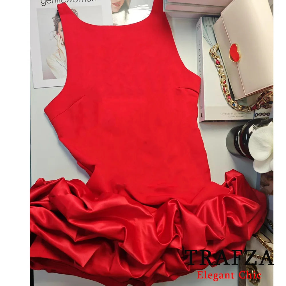 TRAFZA Sexy Solid White Flower Bud Tierred Red Mini Dress Safety Pants Women Dress New 2025 Spring Summer Fashion Party Dress