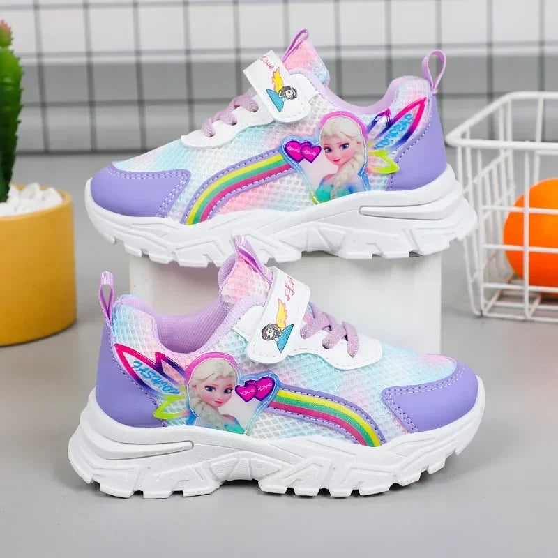 Disney LED Casual Sneakers For Spring Girls Frozen Elsa Princess Print Pu Leather Shoes Children Lighted Non-slip Pink Purple