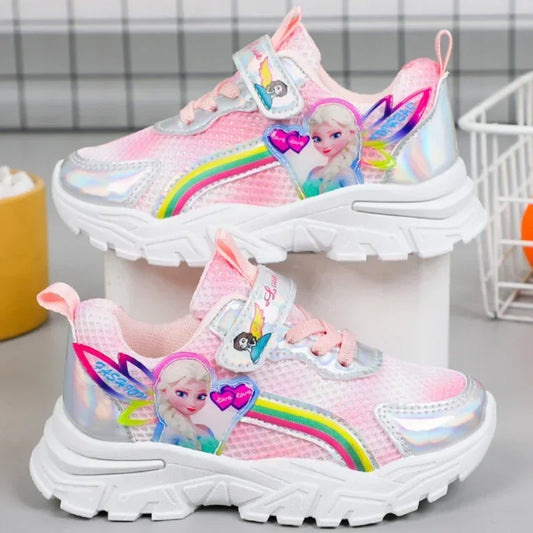 Disney LED Casual Sneakers For Spring Girls Frozen Elsa Princess Print Pu Leather Shoes Children Lighted Non-slip Pink Purple