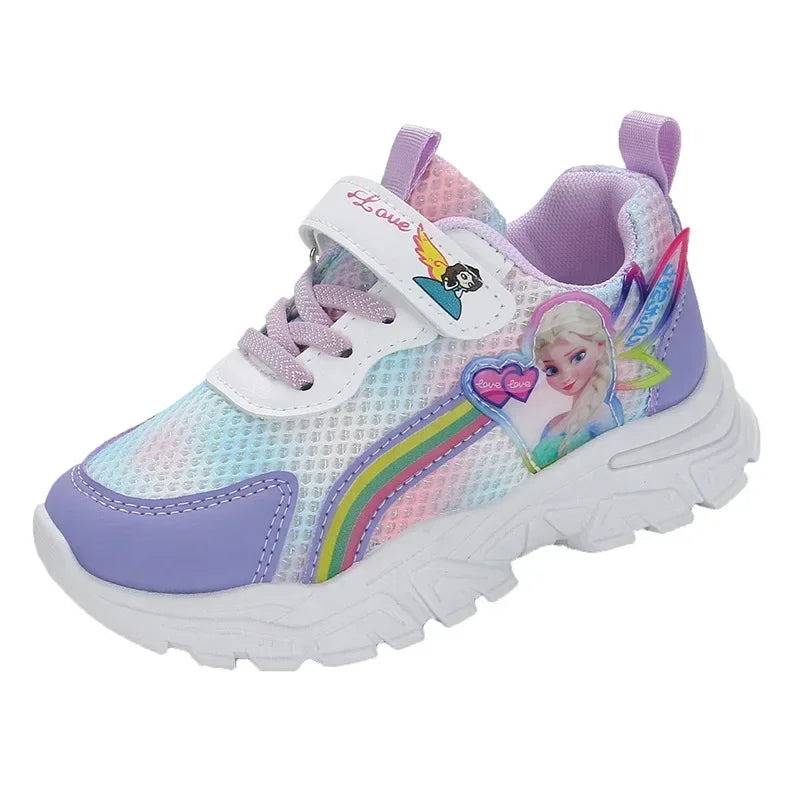 Disney LED Casual Sneakers For Spring Girls Frozen Elsa Princess Print Pu Leather Shoes Children Lighted Non-slip Pink Purple