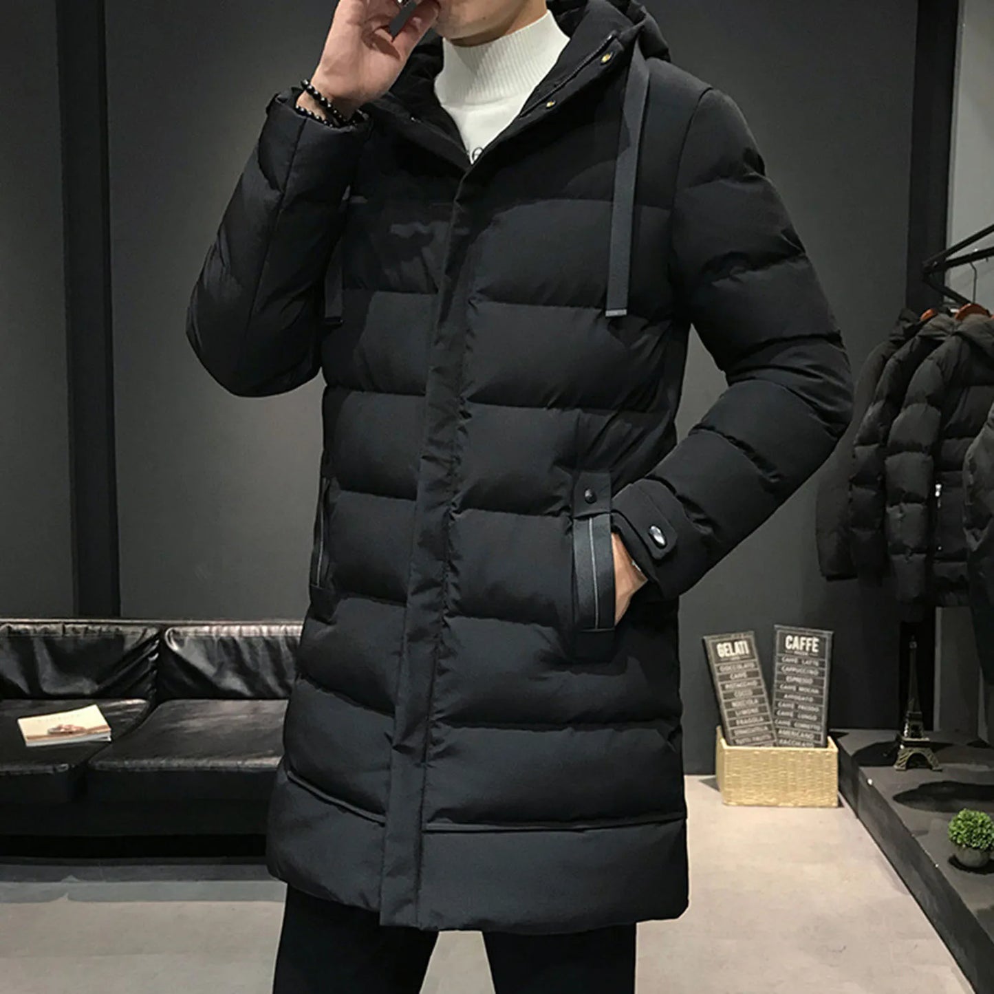 Men Cotton Coat With High Collar Mid length Men's Winter Jacket Men's Padding Hooded Down Coat Long Padding