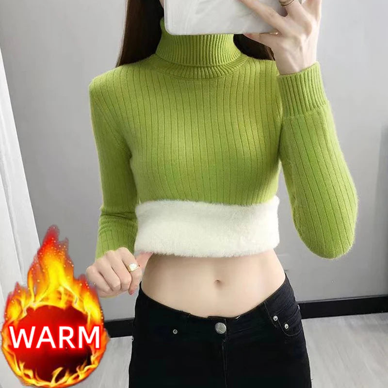 Turtleneck Winter Sweater Women's Elegant Thicken Velvet Fleece Knitted Pullover Long Sleeve Tops Knitwear Female Clothing