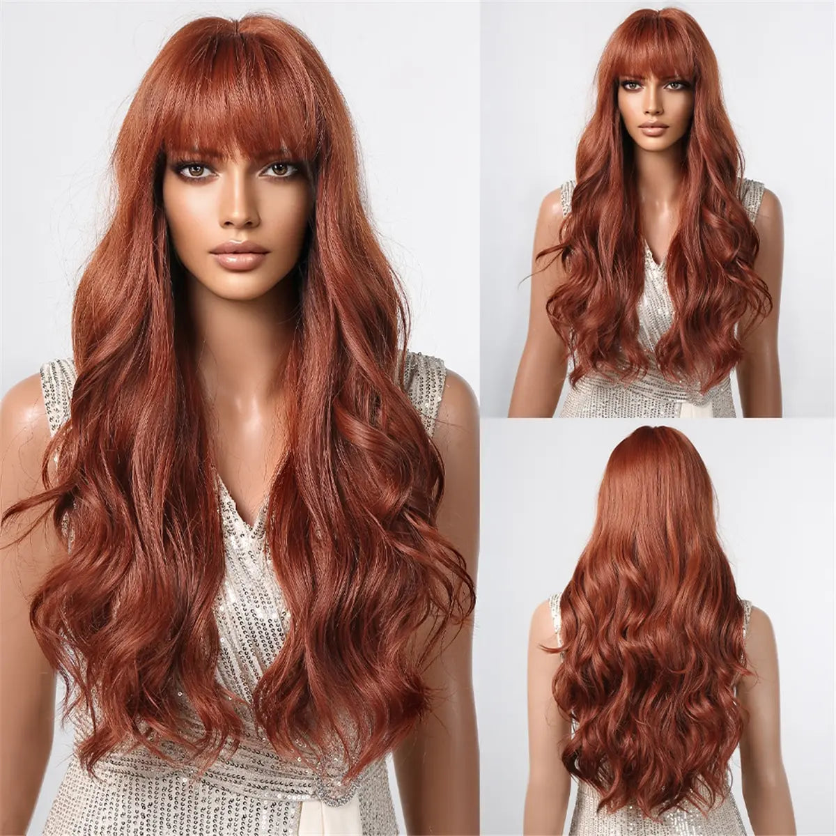 Brown Wavy Wigs for Women with Bangs Long Natural Synthetic Hair Wig Daily Cosplay Heat Resistant