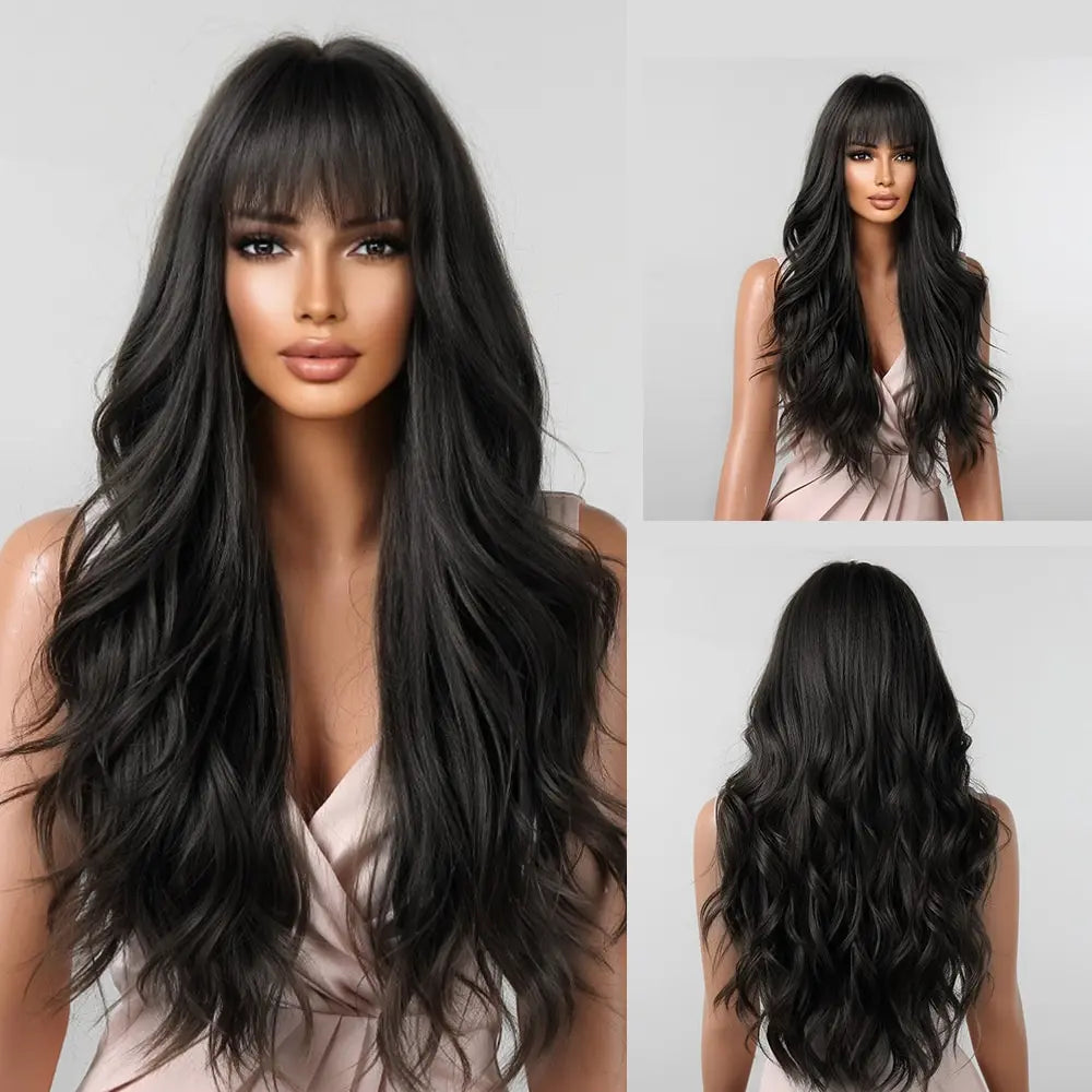 Brown Wavy Wigs for Women with Bangs Long Natural Synthetic Hair Wig Daily Cosplay Heat Resistant