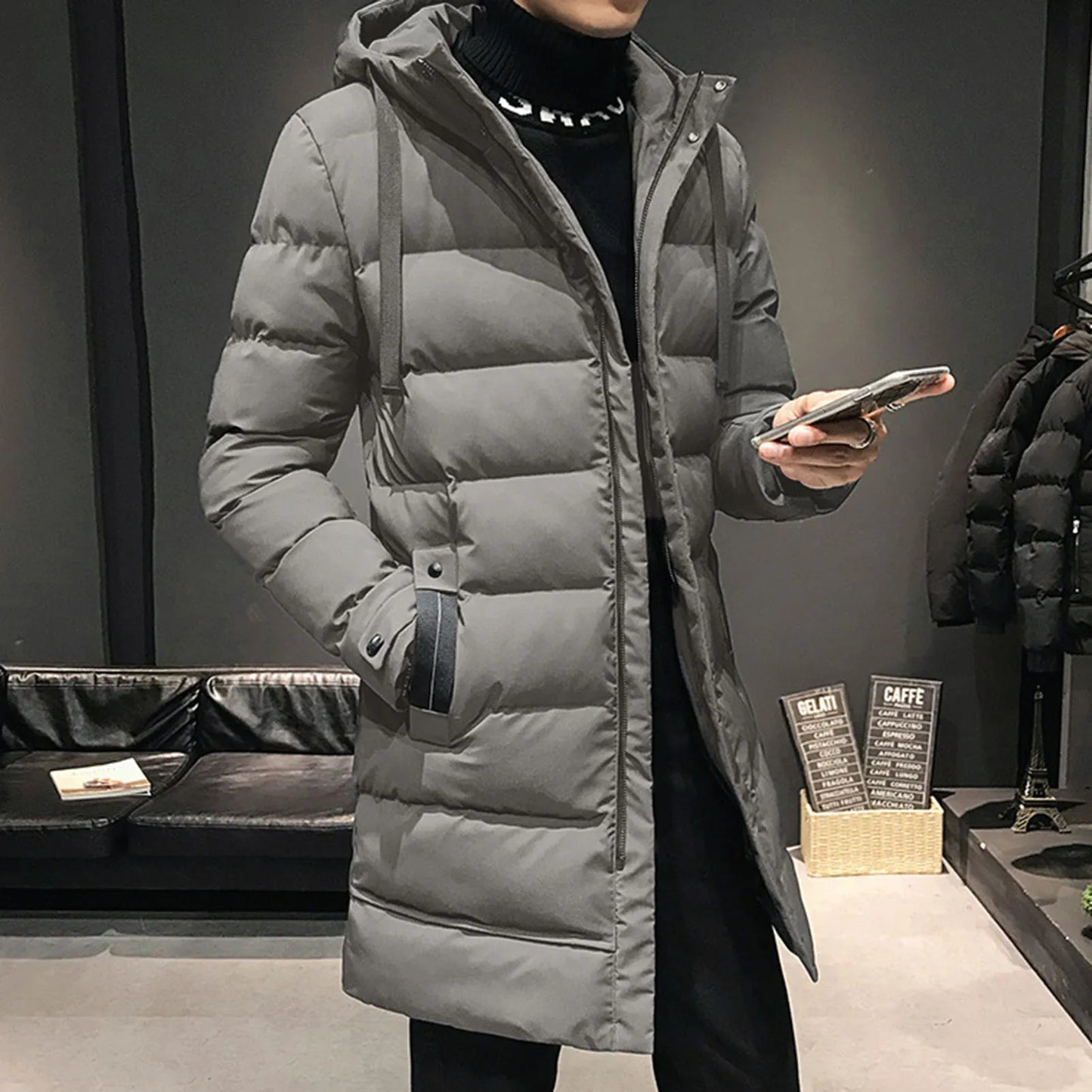 Men Cotton Coat With High Collar Mid length Men's Winter Jacket Men's Padding Hooded Down Coat Long Padding