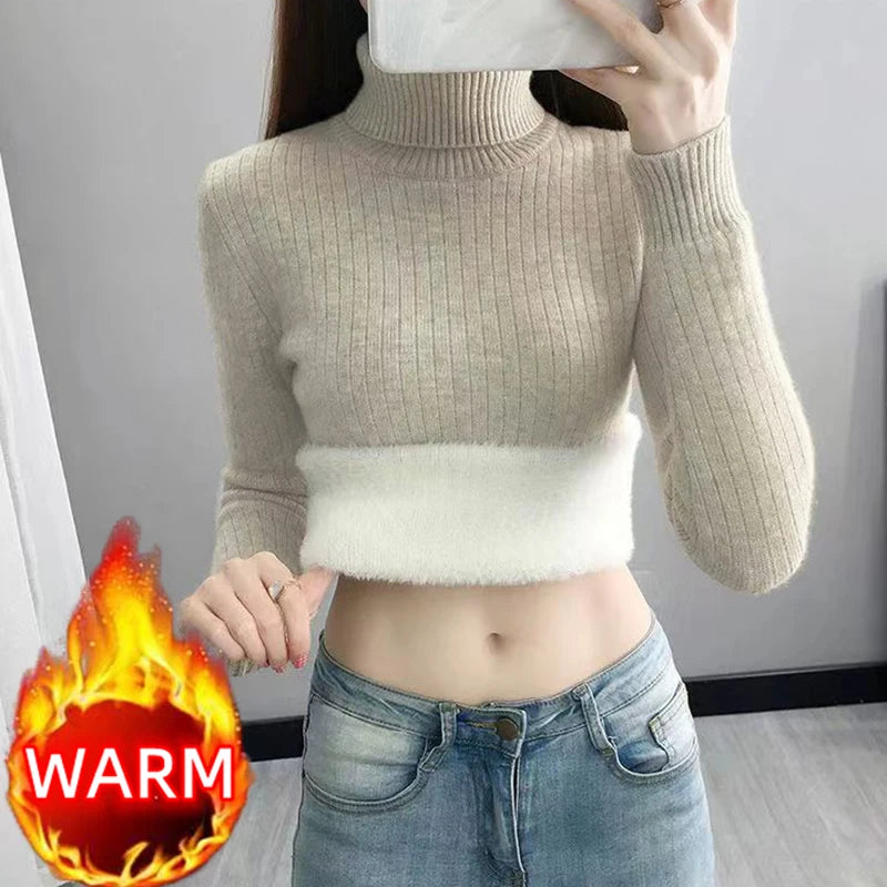 Turtleneck Winter Sweater Women's Elegant Thicken Velvet Fleece Knitted Pullover Long Sleeve Tops Knitwear Female Clothing