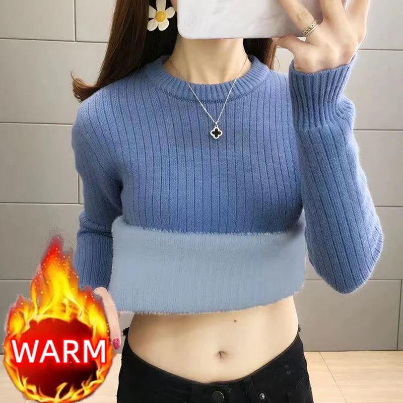 Turtleneck Winter Sweater Women's Elegant Thicken Velvet Fleece Knitted Pullover Long Sleeve Tops Knitwear Female Clothing