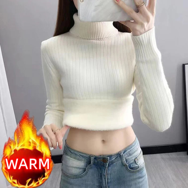 Turtleneck Winter Sweater Women's Elegant Thicken Velvet Fleece Knitted Pullover Long Sleeve Tops Knitwear Female Clothing