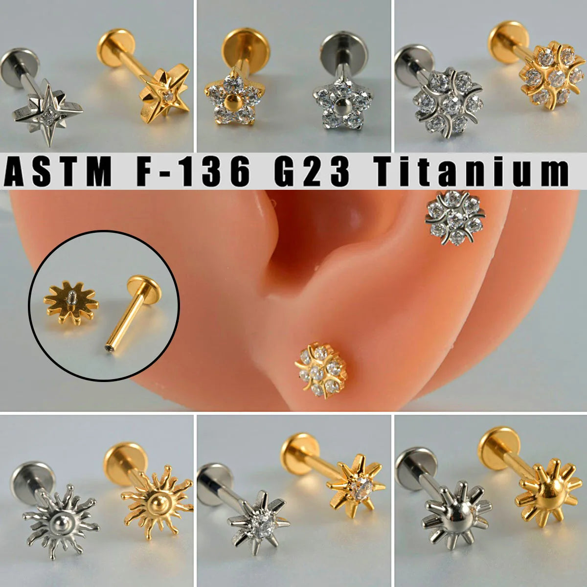 1PC G23 Titanium Cartilage Zircon Sun Round Shape Earrings Stud Internally Threaded Helix Cz Ear Tragus Labret Piercing Jewelry