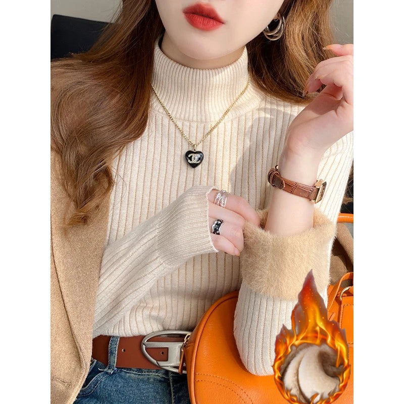 Women's Turtleneck Sweater Winter 2025 Retro Red with Velvet Lining Thickened Inner Wear Thermal Knitting Bottoming Shirt