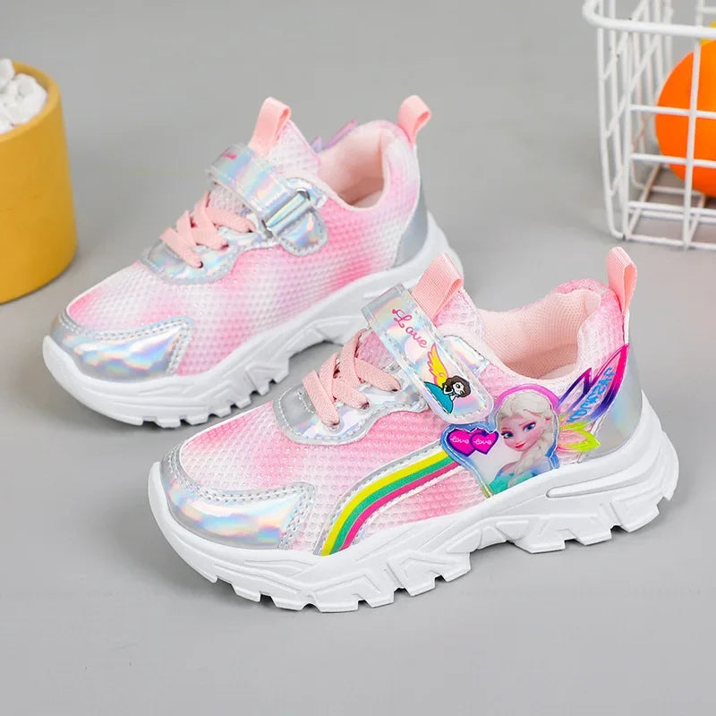 Disney LED Casual Sneakers For Spring Girls Frozen Elsa Princess Print Pu Leather Shoes Children Lighted Non-slip Pink Purple