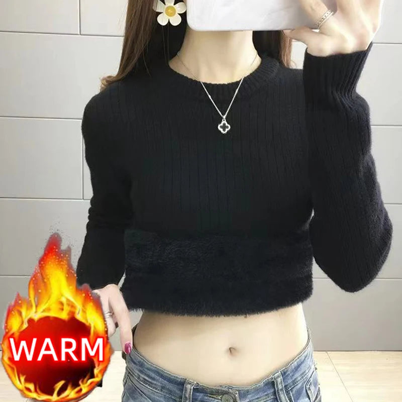 Turtleneck Winter Sweater Women's Elegant Thicken Velvet Fleece Knitted Pullover Long Sleeve Tops Knitwear Female Clothing