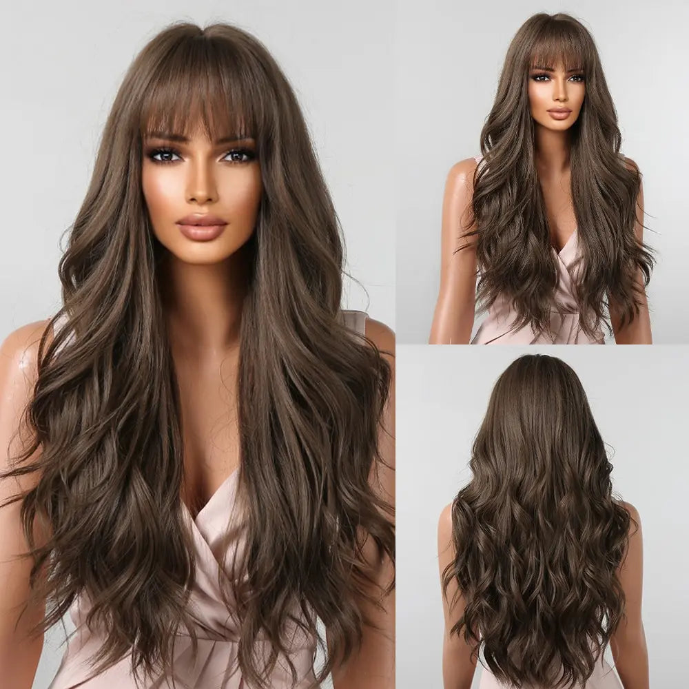 Brown Wavy Wigs for Women with Bangs Long Natural Synthetic Hair Wig Daily Cosplay Heat Resistant