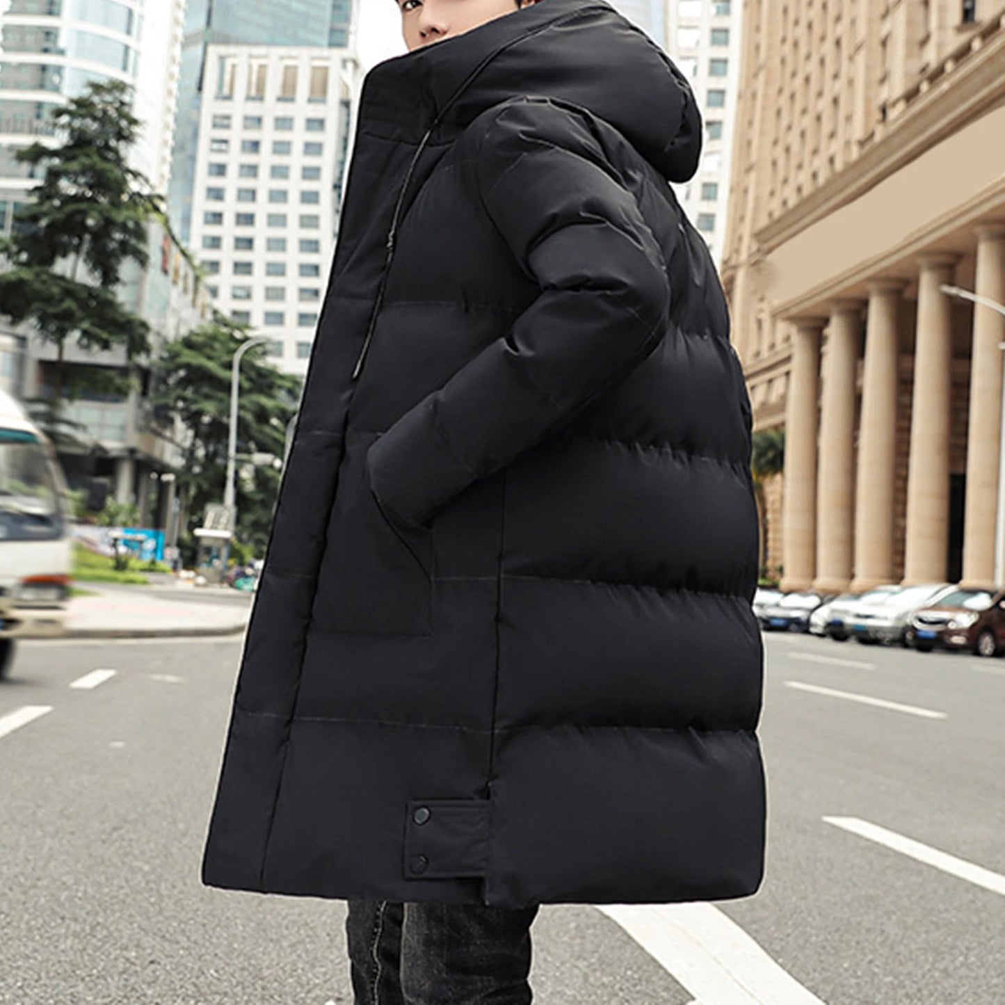 Men Cotton Coat With High Collar Mid length Men's Winter Jacket Men's Padding Hooded Down Coat Long Padding