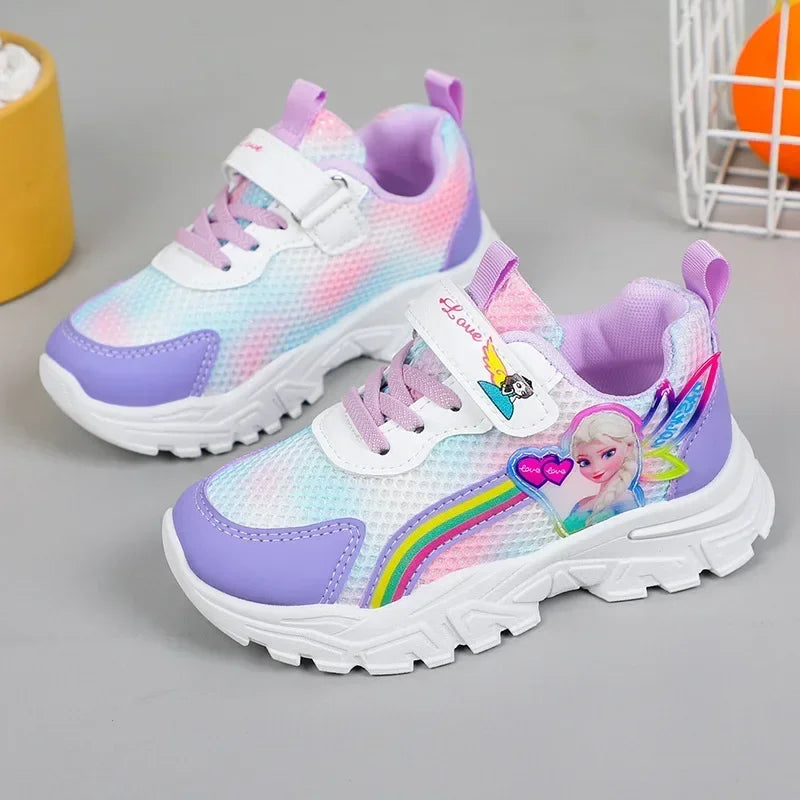 Disney LED Casual Sneakers For Spring Girls Frozen Elsa Princess Print Pu Leather Shoes Children Lighted Non-slip Pink Purple