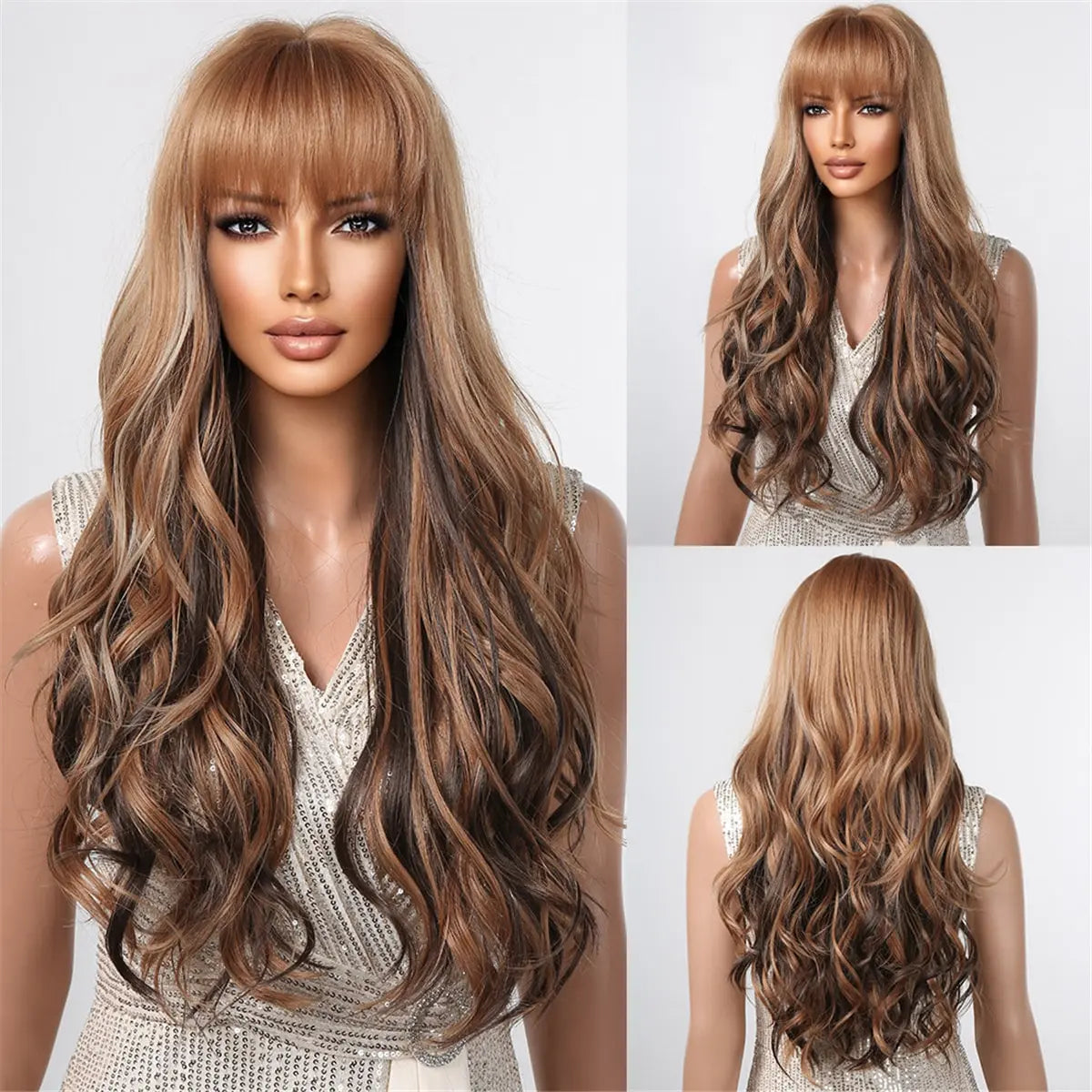 Brown Wavy Wigs for Women with Bangs Long Natural Synthetic Hair Wig Daily Cosplay Heat Resistant