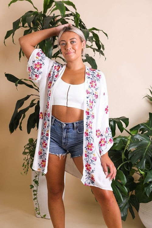 Lightweight Anemone Embroidered Kimono