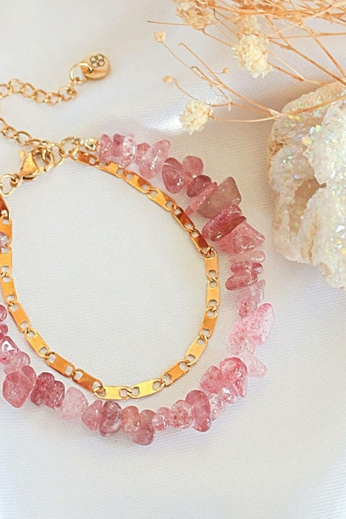 Strawberry Quartz & 24 Karats Double-Layered Bracelet